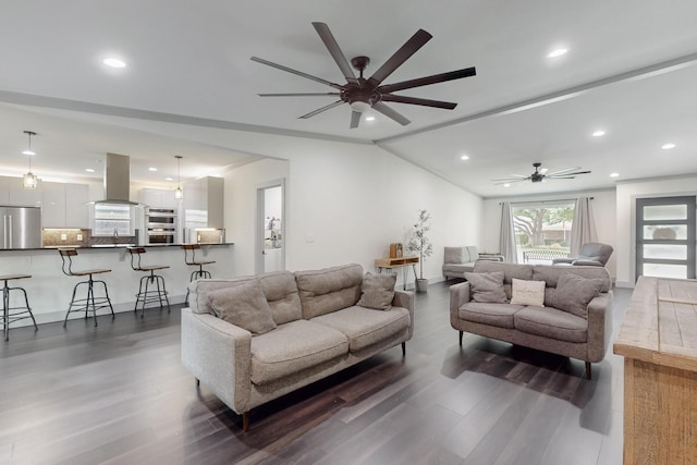 2003 Quincy Ct, Arlington, TX 76013 - living area with dark wood-style floors, a ceiling fan, recessed lighting, and vaulted ceiling