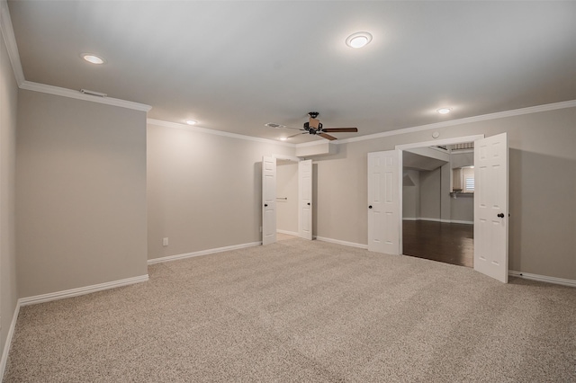 3313 Country Club Rd, Pantego, TX 76013 - carpeted empty room with a ceiling fan, ornamental molding, and recessed lighting