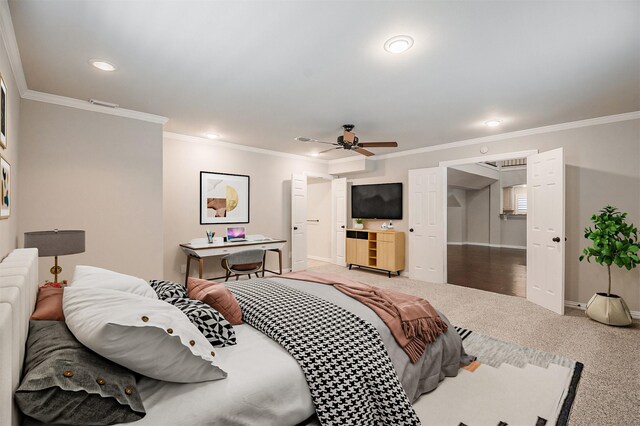 3313 Country Club Rd, Pantego, TX 76013 - carpeted bedroom featuring ornamental molding, recessed lighting, and ceiling fan