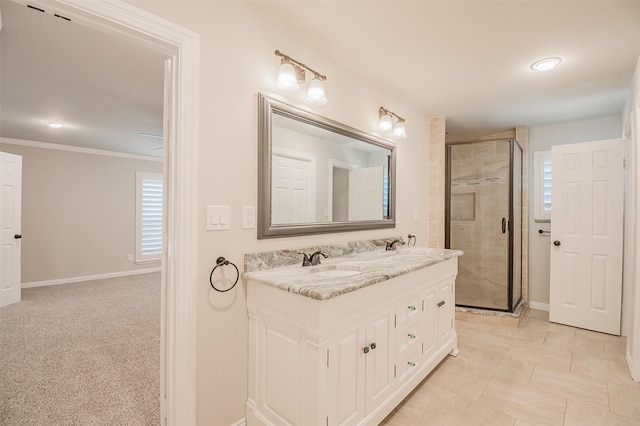 3313 Country Club Rd, Pantego, TX 76013 - bathroom featuring double vanity, a shower stall, and recessed lighting