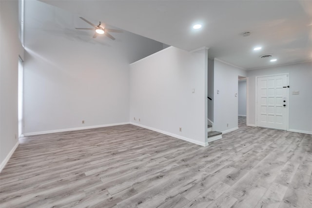 576 E Ave J Unit B, Grand Prairie, TX 75050 - unfurnished living room with light wood finished floors, a ceiling fan, baseboards, stairs, and crown molding