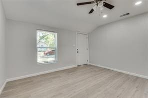 128 Stephens St, Waxahachie, TX 75165 - unfurnished living room with light wood-style flooring, baseboards, lofted ceiling, recessed lighting, and a ceiling fan