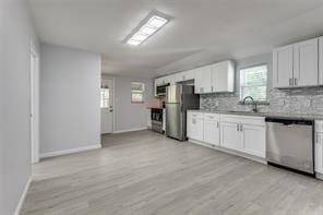 128 Stephens St, Waxahachie, TX 75165 - kitchen with appliances with stainless steel finishes, a sink, decorative backsplash, baseboards, and light wood-style flooring