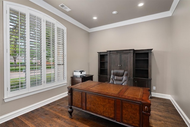 1229 Comanche Dr, Allen, TX 75013 - office featuring ornamental molding, plenty of natural light, dark wood finished floors, and recessed lighting