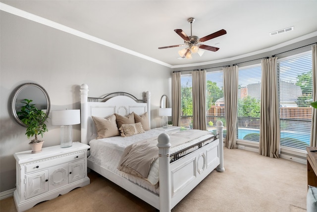 1229 Comanche Dr, Allen, TX 75013 - bedroom featuring light carpet, ornamental molding, and a ceiling fan