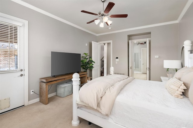 1229 Comanche Dr, Allen, TX 75013 - bedroom featuring light carpet, ornamental molding, and a ceiling fan