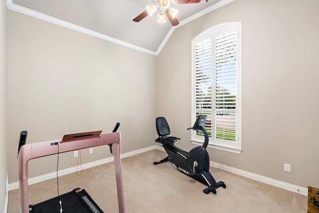 1229 Comanche Dr, Allen, TX 75013 - exercise room featuring crown molding, carpet, lofted ceiling, and ceiling fan
