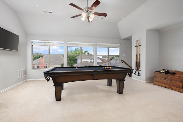 1229 Comanche Dr, Allen, TX 75013 - game room featuring vaulted ceiling, light carpet, billiards, and a ceiling fan