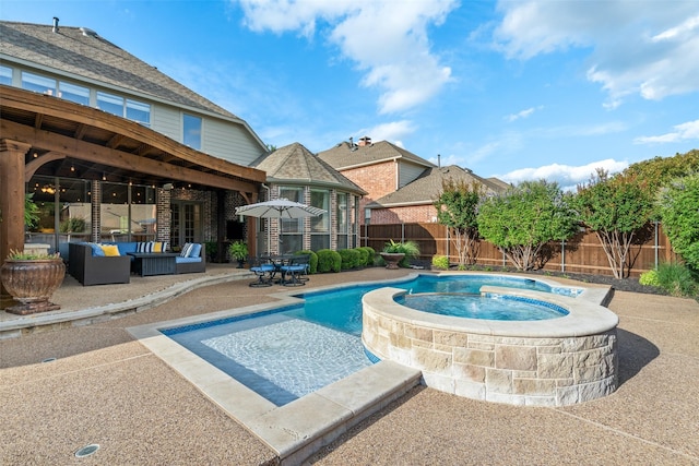 1229 Comanche Dr, Allen, TX 75013 - view of swimming pool featuring a patio, an outdoor living space, a fenced backyard, and a pool with connected hot tub