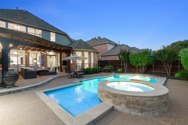 1229 Comanche Dr, Allen, TX 75013 - view of pool featuring a patio, a fenced backyard, outdoor lounge area, and a pool with connected hot tub