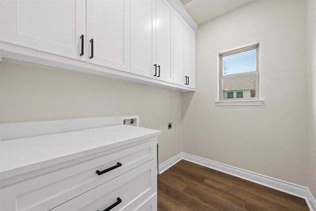 10917 Granada Dr, Waco, TX 76708 - laundry room featuring cabinet space, baseboards, hookup for a washing machine, hookup for an electric dryer, and dark wood-style floors