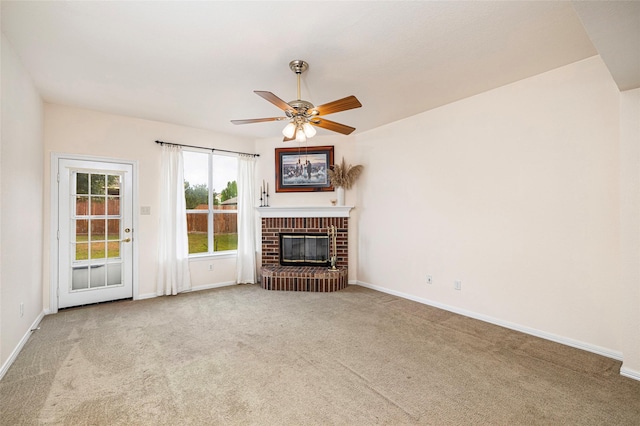 10325 Hogan Dr, Benbrook, TX 76126 - unfurnished living room featuring a brick fireplace, carpet, ceiling fan, and baseboards