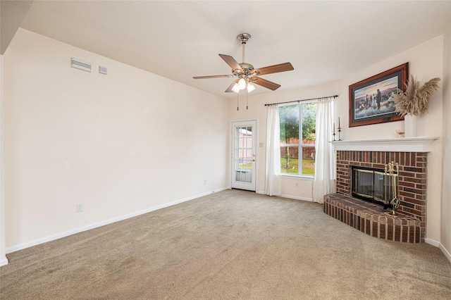 10325 Hogan Dr, Benbrook, TX 76126 - unfurnished living room with baseboards, carpet, a brick fireplace, and a ceiling fan