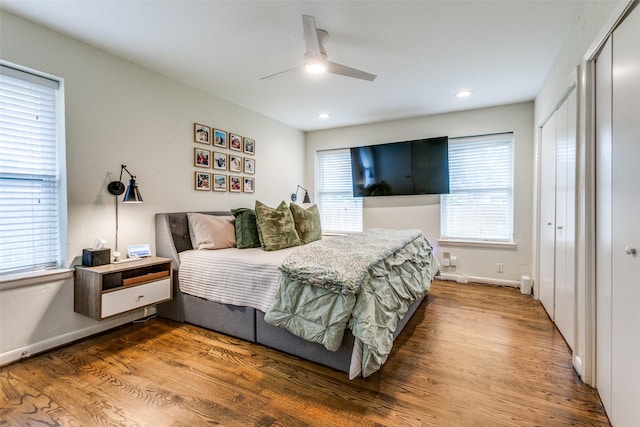 605 Devonshire Dr, Richardson, TX 75080 - bedroom featuring wood finished floors, baseboards, recessed lighting, and a ceiling fan