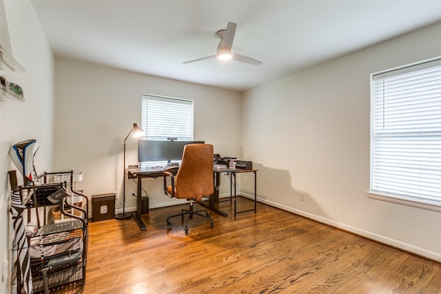 605 Devonshire Dr, Richardson, TX 75080 - office area with ceiling fan, wood finished floors, and baseboards