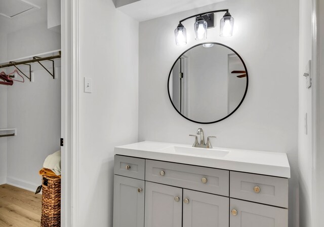 7718 Royal Ln Unit 214, Dallas, TX 75230 - bathroom featuring wood finished floors, vanity, baseboards, and a spacious closet