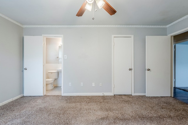 5729 Wales Ave, Fort Worth, TX 76133 - unfurnished bedroom featuring ornamental molding, carpet, baseboards, ensuite bathroom, and a ceiling fan