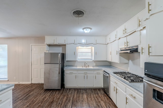5729 Wales Ave, Fort Worth, TX 76133 - kitchen with appliances with stainless steel finishes, under cabinet range hood, dark wood finished floors, white cabinetry, and light countertops