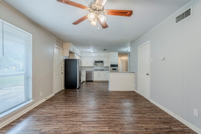 5729 Wales Ave, Fort Worth, TX 76133 - unfurnished living room with dark wood-type flooring, ceiling fan, and baseboards