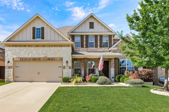 1008 Cason Falls Rd, Mckinney, TX 75071 - view of front of property featuring board and batten siding, a front lawn, a shingled roof, driveway, and stone siding