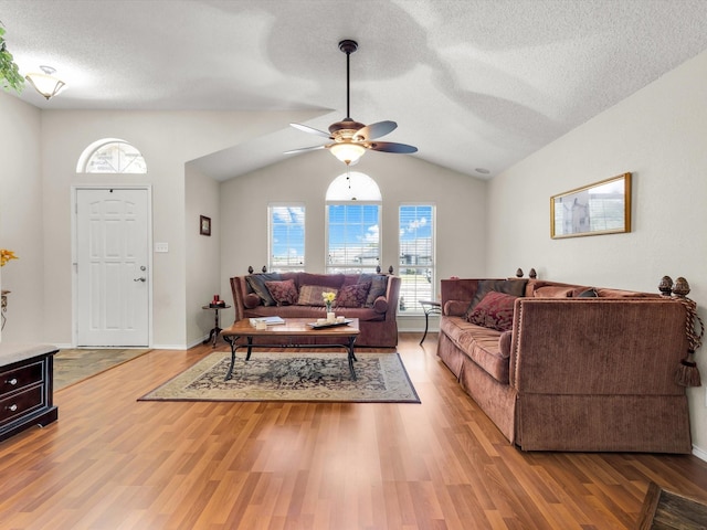 10117 High Bluff Dr, Fort Worth, TX 76108 - living room with healthy amount of natural light, light wood finished floors, ceiling fan, lofted ceiling, and a textured ceiling