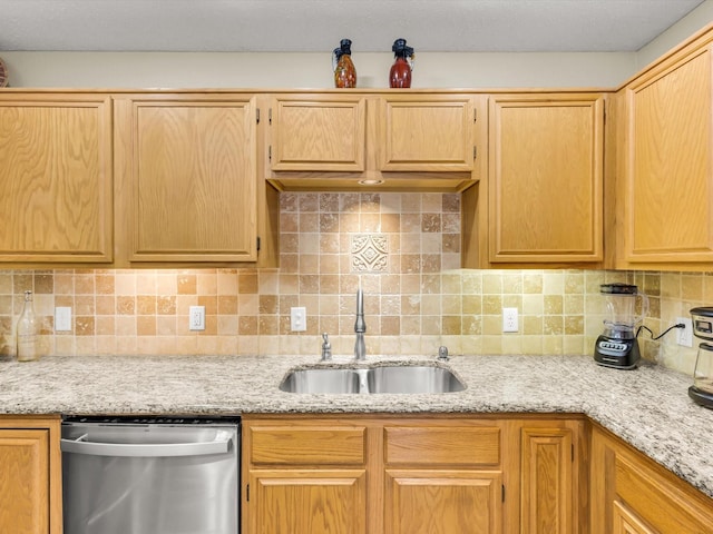 10117 High Bluff Dr, Fort Worth, TX 76108 - kitchen featuring dishwasher, a sink, decorative backsplash, and light stone countertops