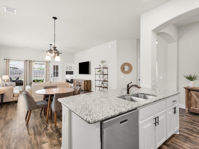 11716 Pistachio Trl, Fort Worth, TX 76108 - kitchen with dishwasher, a sink, open floor plan, dark wood finished floors, and a kitchen island with sink