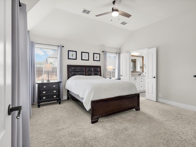 11716 Pistachio Trl, Fort Worth, TX 76108 - carpeted bedroom with multiple windows, lofted ceiling, baseboards, ensuite bath, and ceiling fan