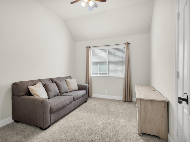 11716 Pistachio Trl, Fort Worth, TX 76108 - living area with ceiling fan, baseboards, light carpet, and vaulted ceiling