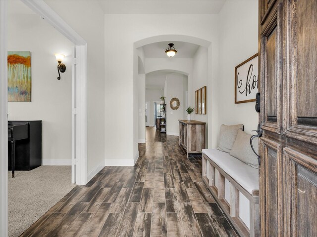 11716 Pistachio Trl, Fort Worth, TX 76108 - hallway with arched walkways, dark wood finished floors, and baseboards