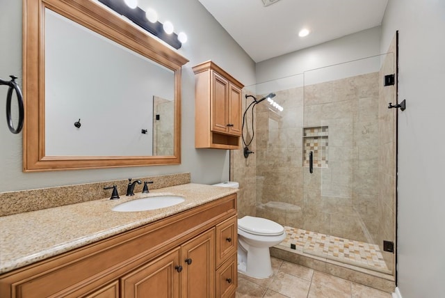 1401 Superior Dr, Flower Mound, TX 75028 - full bathroom with vanity, toilet, a shower stall, and tile patterned flooring