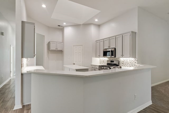 1401 Superior Dr, Flower Mound, TX 75028 - kitchen featuring appliances with stainless steel finishes, a peninsula, a towering ceiling, wood finished floors, and recessed lighting
