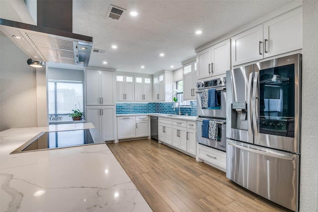 1316 Devonshire Ln, Mesquite, TX 75150 - kitchen with appliances with stainless steel finishes, white cabinetry, ventilation hood, light wood-style flooring, and light stone countertops