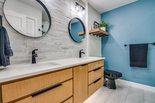 1316 Devonshire Ln, Mesquite, TX 75150 - full bathroom with backsplash, double vanity, baseboards, tile patterned flooring, and toilet