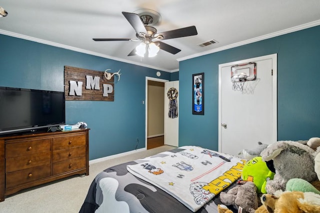 2916 Lafayette St, Corsicana, TX 75110 - carpeted bedroom featuring crown molding and a ceiling fan