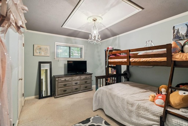 2916 Lafayette St, Corsicana, TX 75110 - bedroom featuring light colored carpet, ornamental molding, baseboards, and attic access