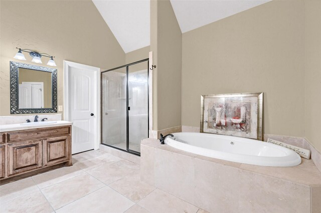 30 Tananger Springs Dr, Denison, TX 75021 - full bathroom with a stall shower, vanity, a garden tub, lofted ceiling, and tile patterned floors