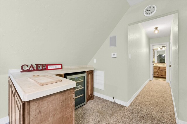 30 Tananger Springs Dr, Denison, TX 75021 - hall with wine cooler, light colored carpet, baseboards, and lofted ceiling