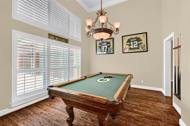 30 Tananger Springs Dr, Denison, TX 75021 - game room featuring baseboards, billiards table, wood finished floors, a chandelier, and ornamental molding