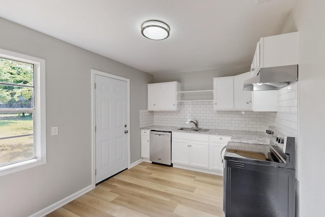 2530 Gerry Way St, Lancaster, TX 75134 - kitchen featuring stainless steel appliances, exhaust hood, a sink, white cabinets, and decorative backsplash