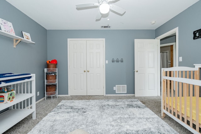 9390 Adams St, Terrell, TX 75160 - bedroom with a closet, carpet flooring, baseboards, a ceiling fan, and a nursery area