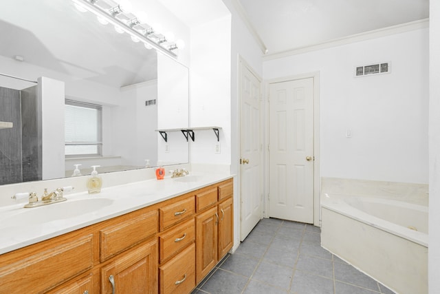 9390 Adams St, Terrell, TX 75160 - bathroom with a bath, double vanity, tile patterned flooring, ornamental molding, and a shower