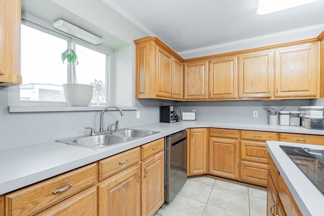 9390 Adams St, Terrell, TX 75160 - kitchen featuring stainless steel dishwasher, a sink, crown molding, light countertops, and light tile patterned floors