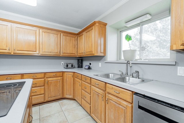 9390 Adams St, Terrell, TX 75160 - kitchen featuring stainless steel dishwasher, a sink, crown molding, black electric cooktop, and light countertops
