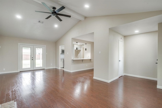 7013 Buttonwood Dr, Fort Worth, TX 76137 - unfurnished living room with ceiling fan, beam ceiling, baseboards, wood finished floors, and french doors