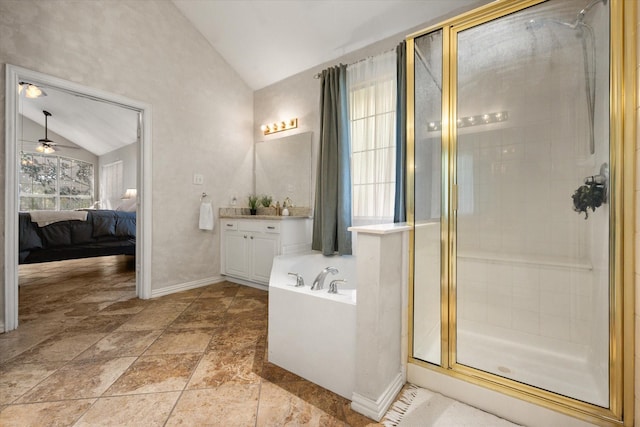 4710 Safe Harbour Dr, Arlington, TX 76016 - ensuite bathroom featuring lofted ceiling, a shower stall, a garden tub, vanity, and baseboards