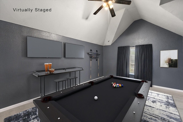 4710 Safe Harbour Dr, Arlington, TX 76016 - game room featuring pool table, lofted ceiling, a ceiling fan, wood finished floors, and baseboards