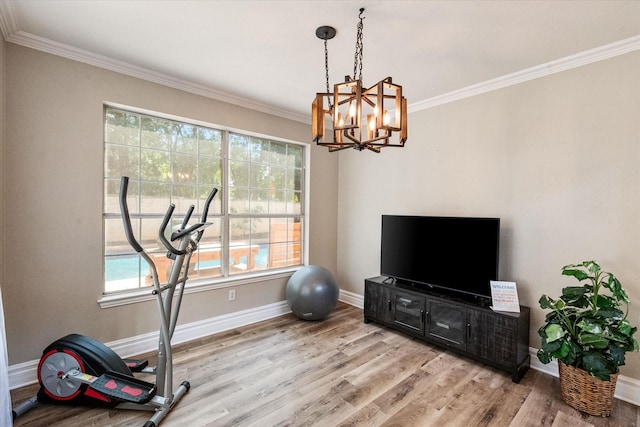 4710 Safe Harbour Dr, Arlington, TX 76016 - workout area with ornamental molding, wood finished floors, a chandelier, and baseboards