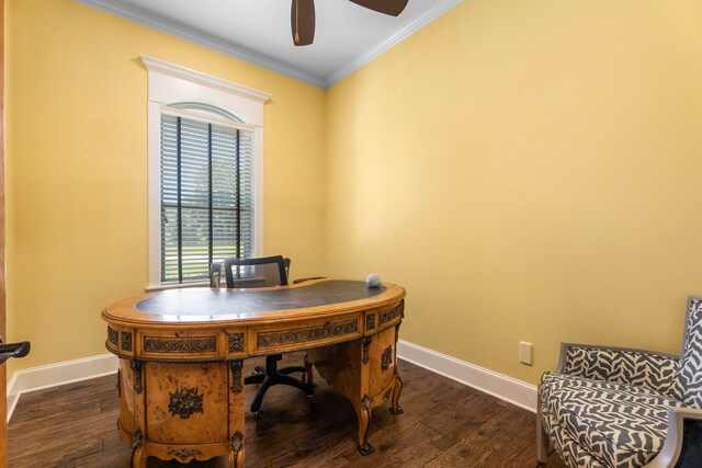 12265 Sable Ln, Whitehouse, TX 75791 - home office featuring ceiling fan, crown molding, dark wood-style flooring, and baseboards