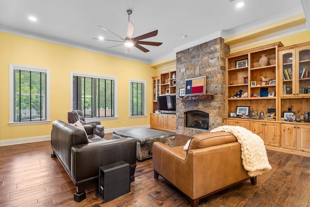 12265 Sable Ln, Whitehouse, TX 75791 - living room featuring ornamental molding, a ceiling fan, a fireplace, dark wood-style floors, and recessed lighting
